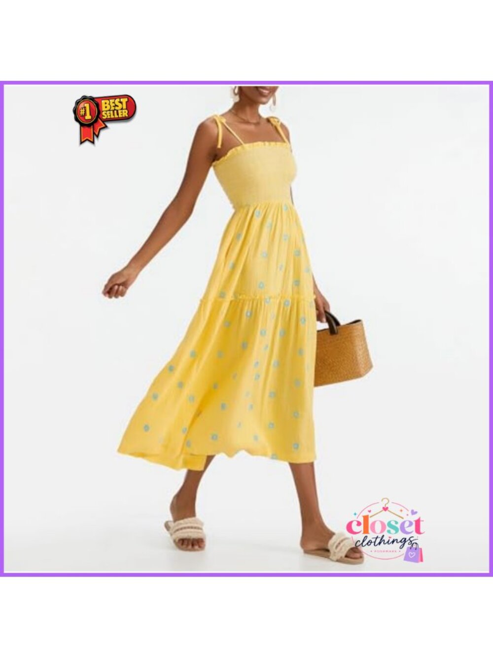 Floral Embroidered Smocked Maxi Dress Sleeveless Tie Shoulder Flowy Boho - Picture 3 of 5